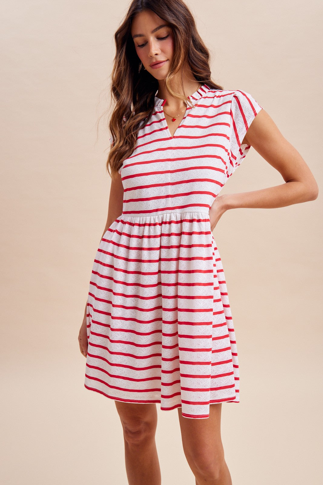 Red Striped Knit Lace Babydoll Mini Dress