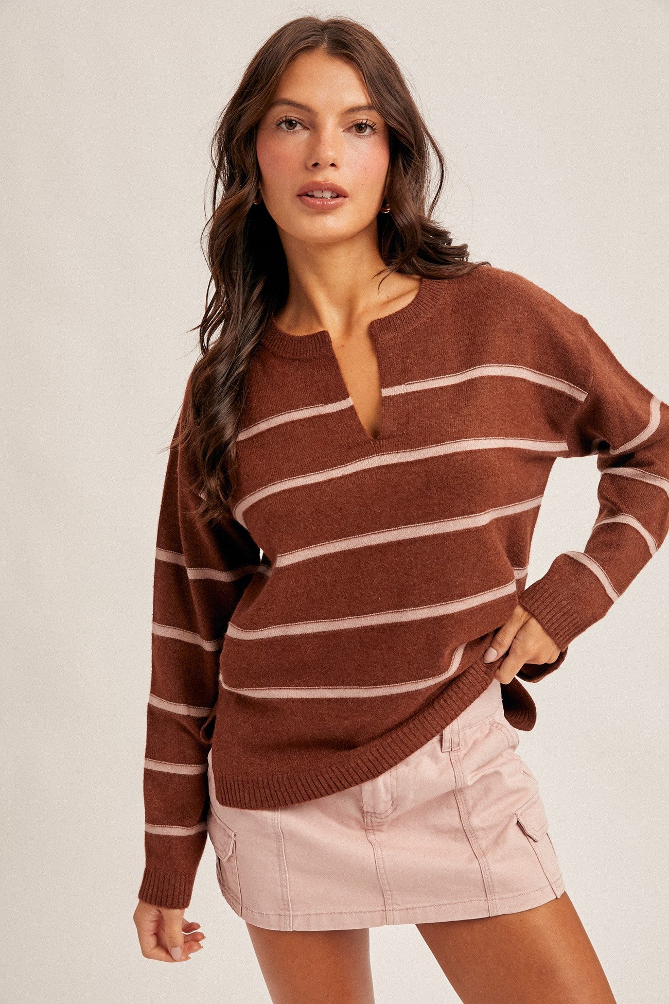 Brown/Pink Striped V-Neck Sweater Knit Top