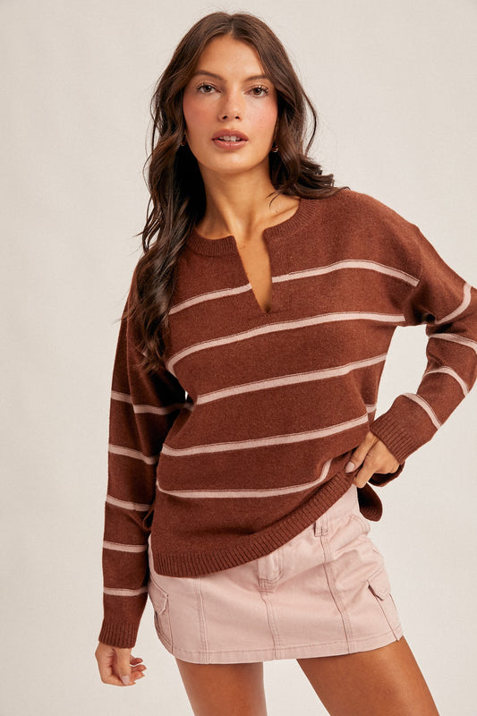 Brown/Pink Striped V-Neck Sweater Knit Top