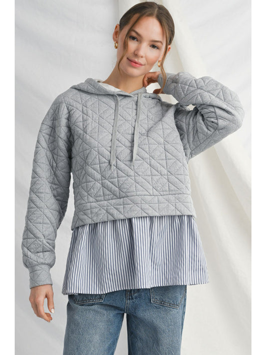 Heather Grey Quilted, Hooded Top w/ Faux Undershirt