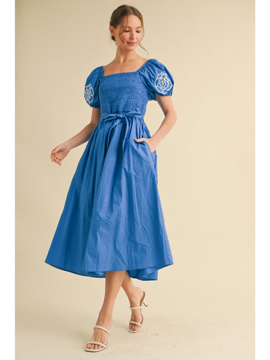 Royal Blue Puff Sleeve Smocked Top Midi Dress