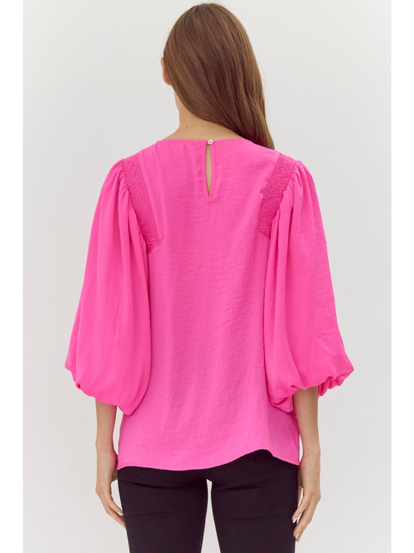 Hot Pink Scoop Neck Long Sleeve Blouse