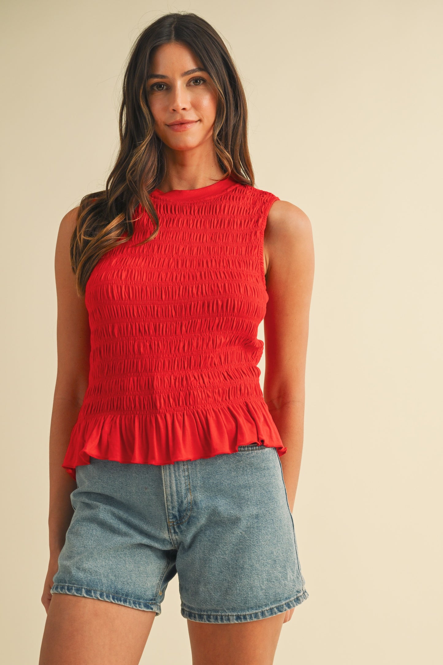 Red Smocked Ruffle Hem Sleeveless Top