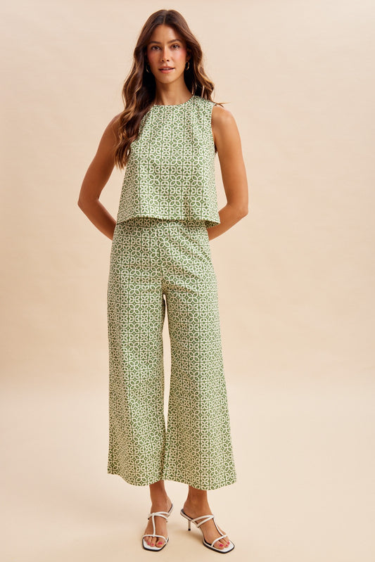 Matcha Tile Floral Print Linen Sleeveless Top + Pants Set