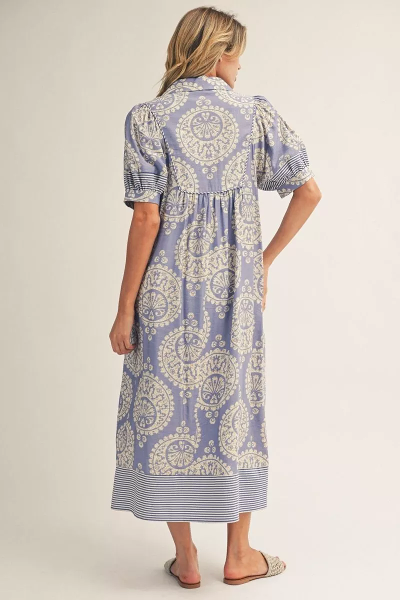 Periwinkle Geo Floral Short Sleeve Maxi Dress