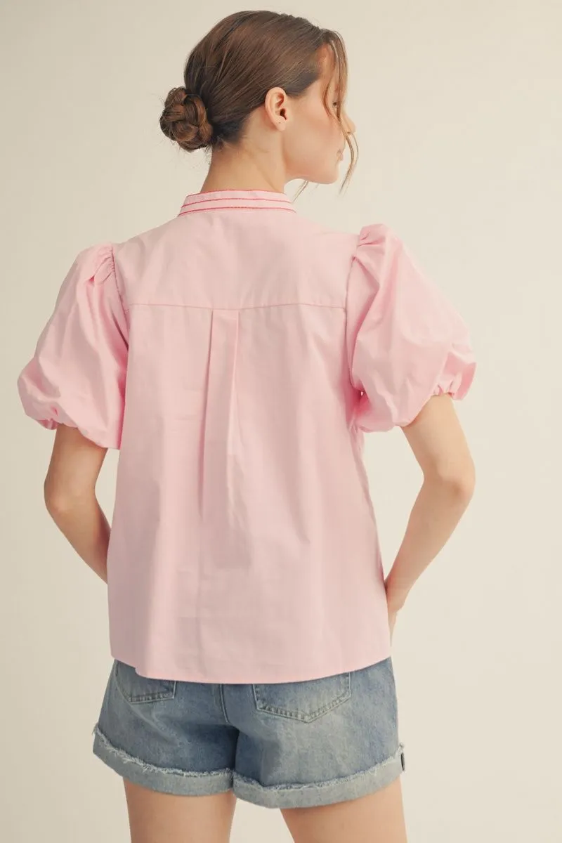 Pink Embroidered Short Puff Sleeve Blouse