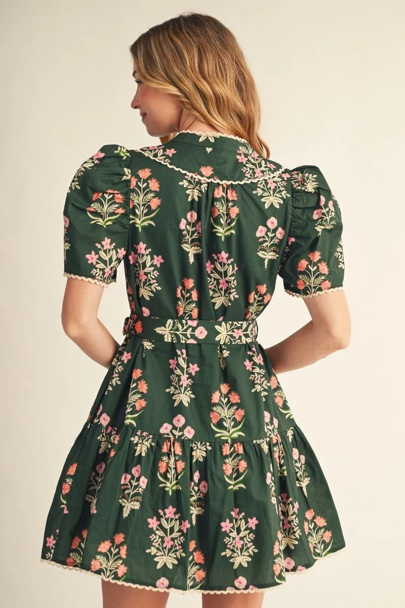 Olive Floral Short Sleeve Tie Waist Mini Dress