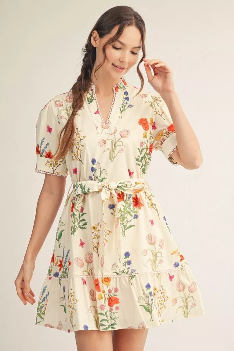 Cream Floral Pattern Short Sleeve Tie Waist Mini Dress