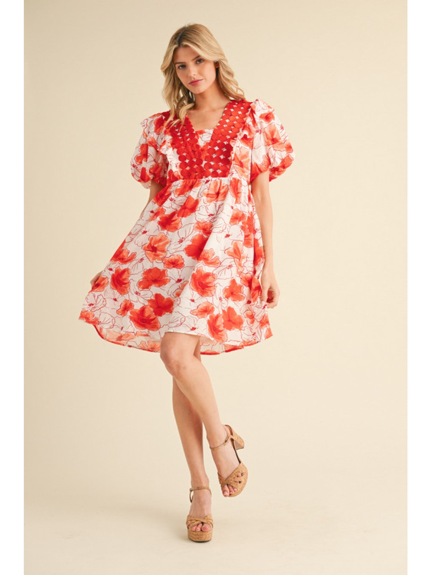 Coral Floral Puff Sleeve Mini Dress w/ Pockets