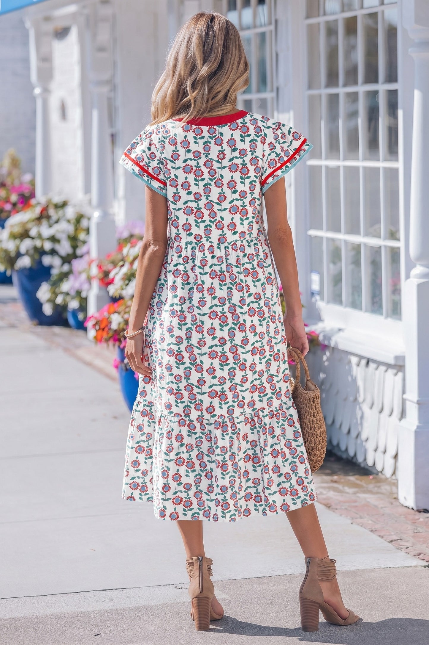 Red Floral Flutter Sleeve Midi Dress