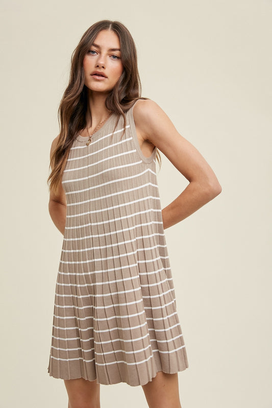 Mocha + White Vertical Striped Sleeveless Mini Dress