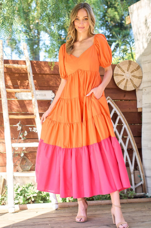 Orange + Pink Color Block Maxi Dress w/ Puff Sleeves