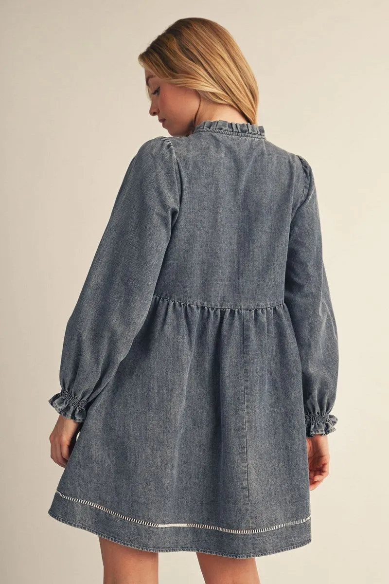 Denim Long Sleeve Mini Dress w/ Bodice Embroidery