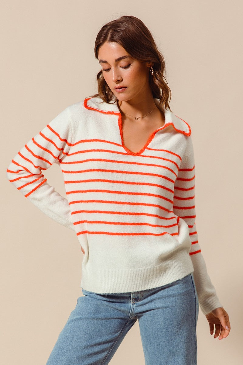 Ivory/Orange Polo Collar Striped Sweater