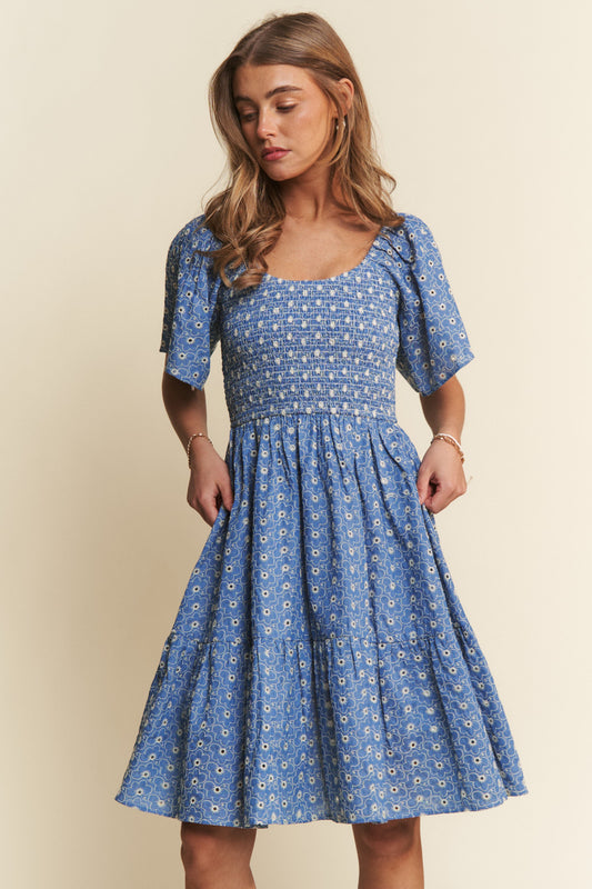 Dark Blue Eyelet Floral Short Flutter Sleeve Mini Dress
