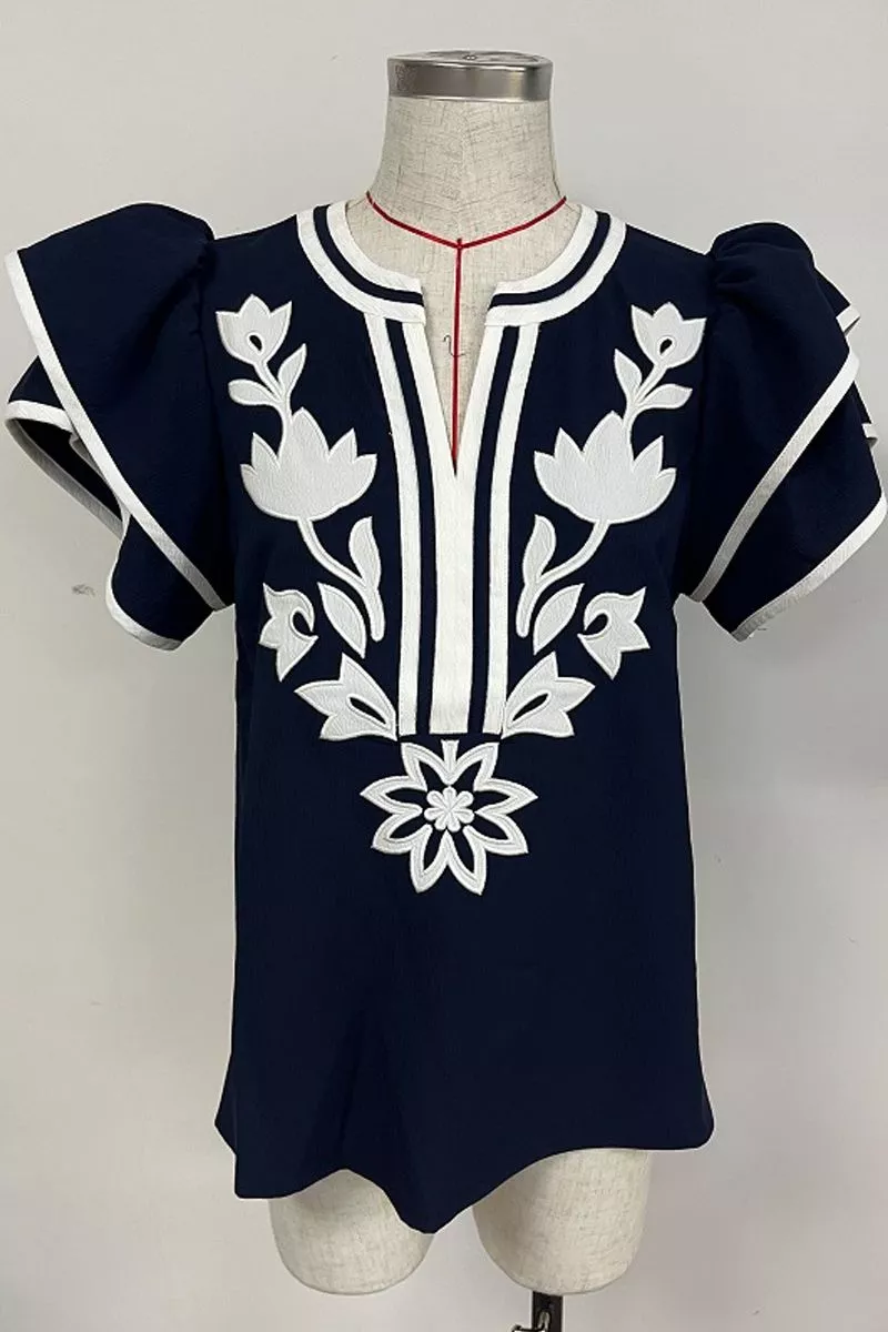 Short, Flutter Sleeve V-Neck Blouse