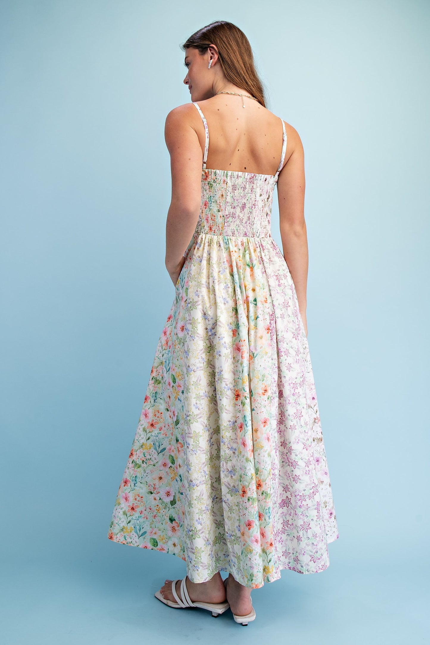 Multicolor Floral Sleeveless Midi Dress w/ Pockets