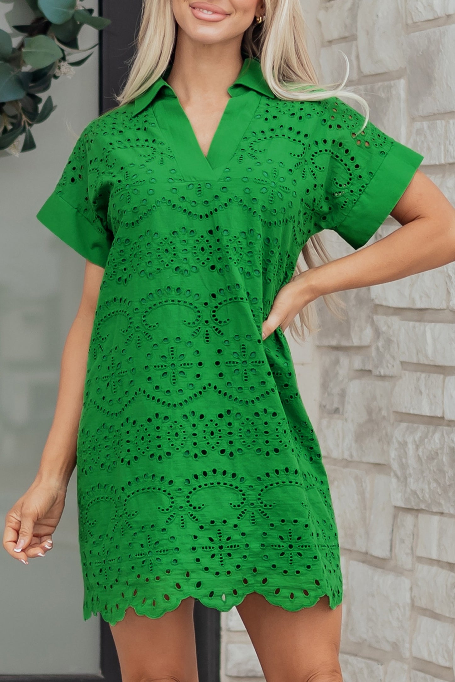 Green Eyelet Patterned Collared Mini Dress