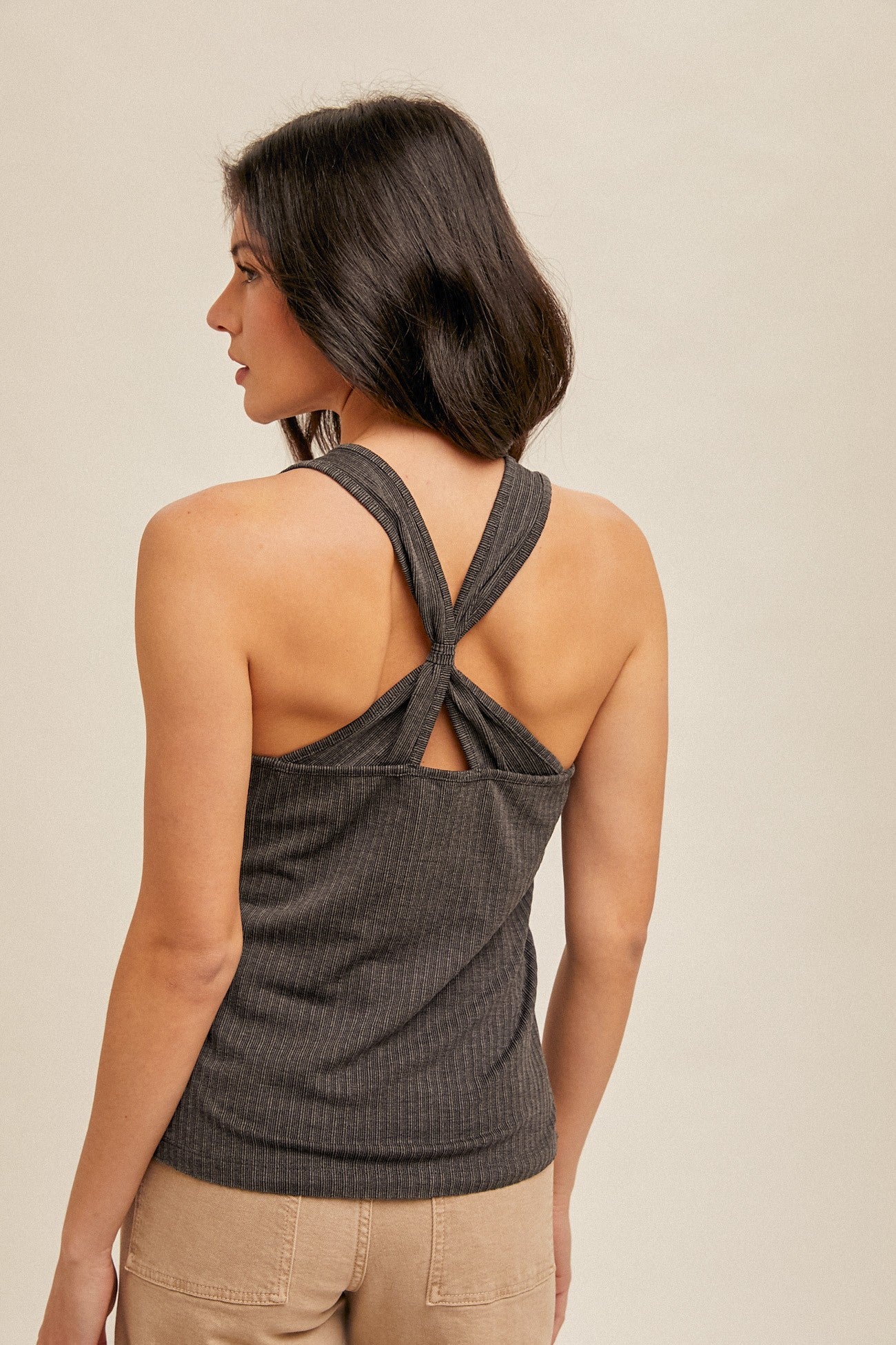 Charcoal Tie Back Detailed Ribbed Tank