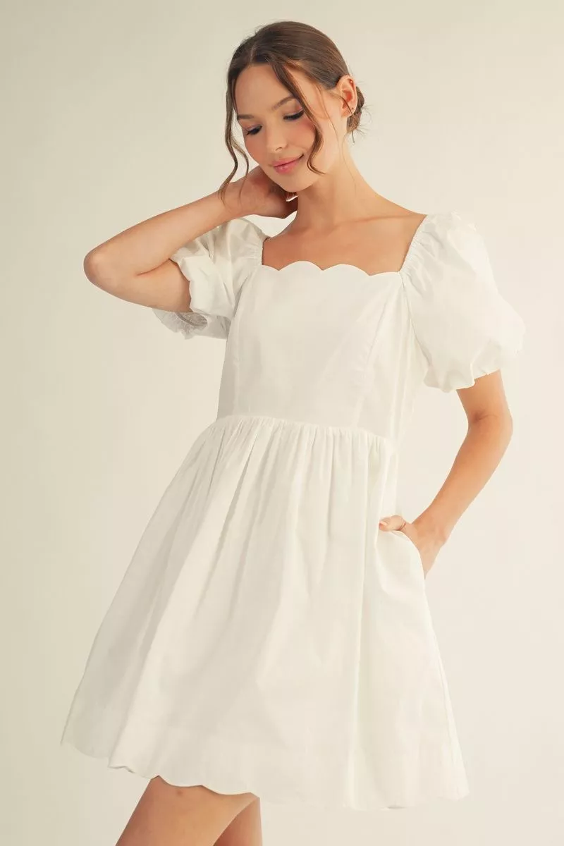 Off White Scalloped Trim Puff Sleeve Mini Dress