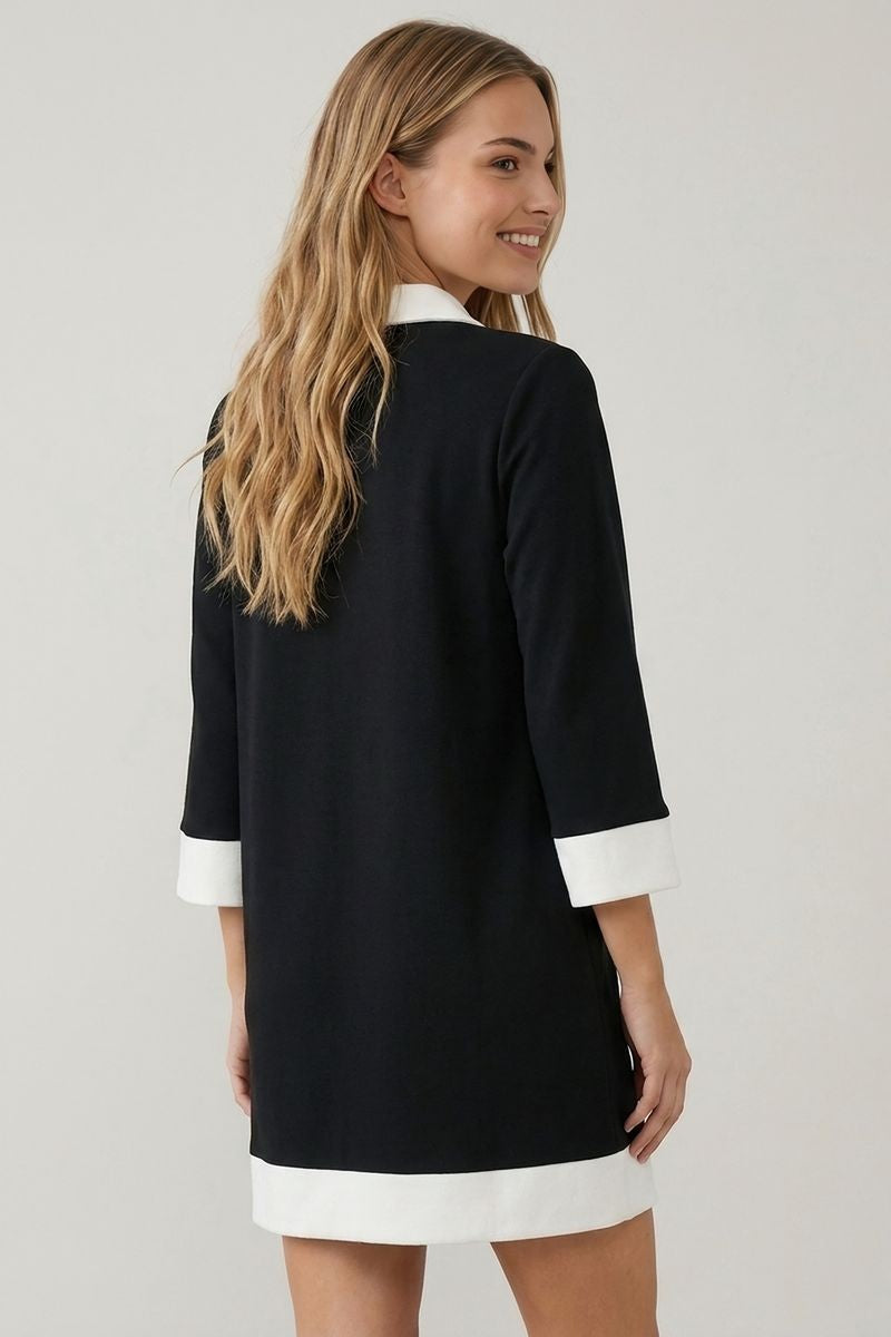 Black + White Collared, 3/4 Sleeve Midi Dress