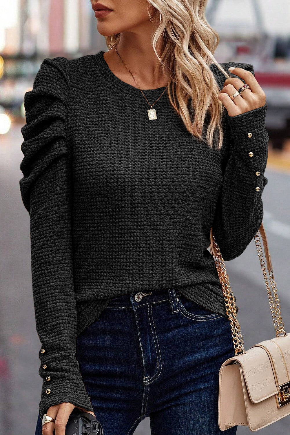 Black Waffle Knit Puff Long Sleeve w/ Button Details