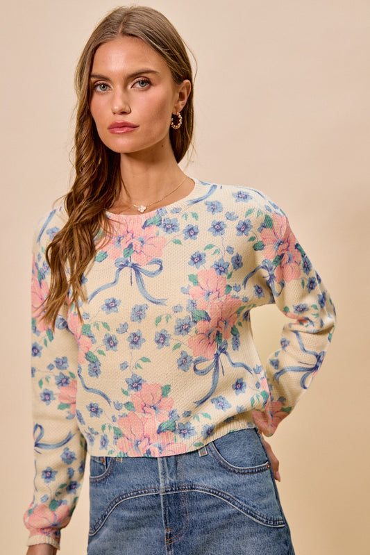 Petal Pink Floral Print Long Sleeve Cropped Waffle Knit