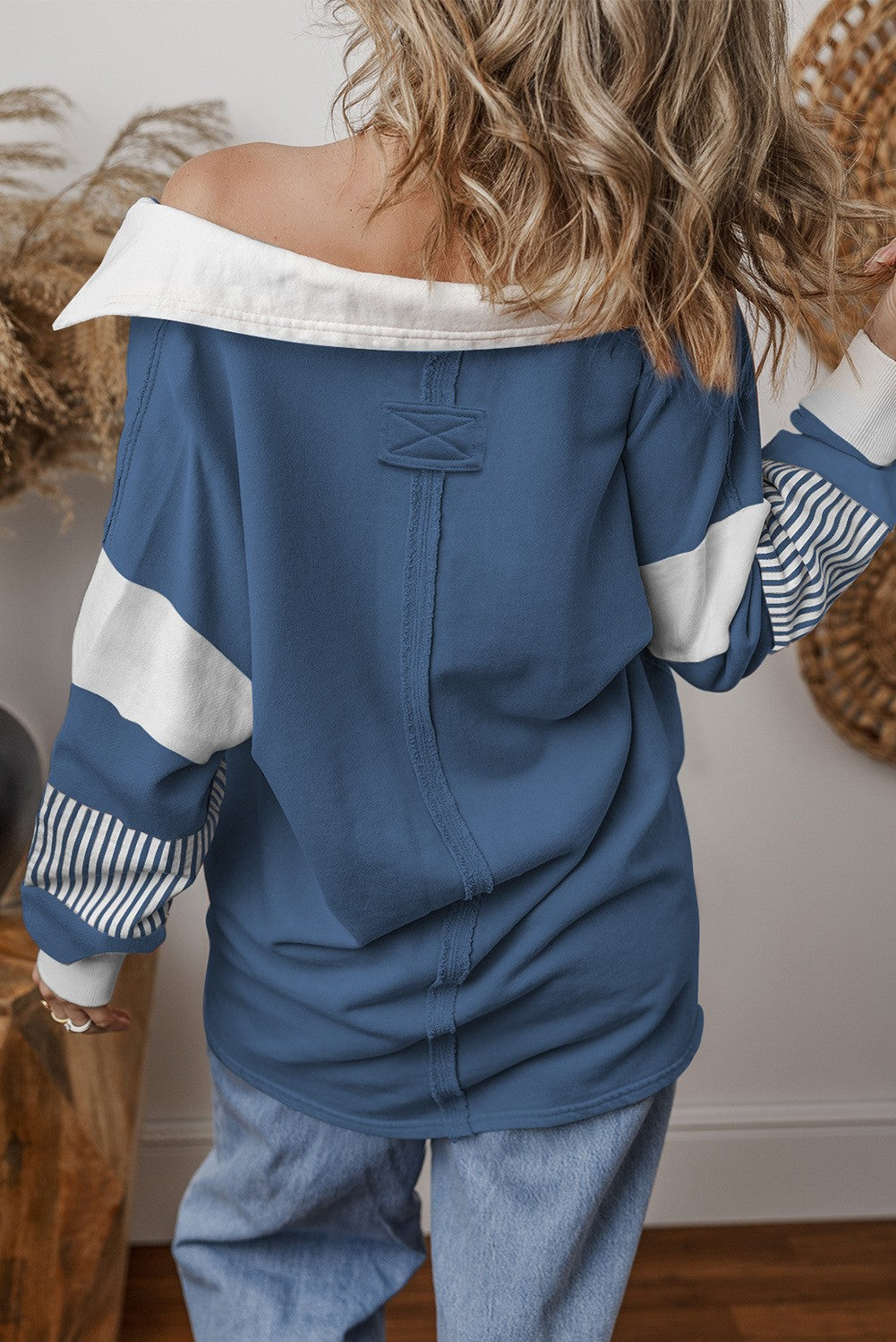 Blue Colorblock Striped Collar Sweatshirt