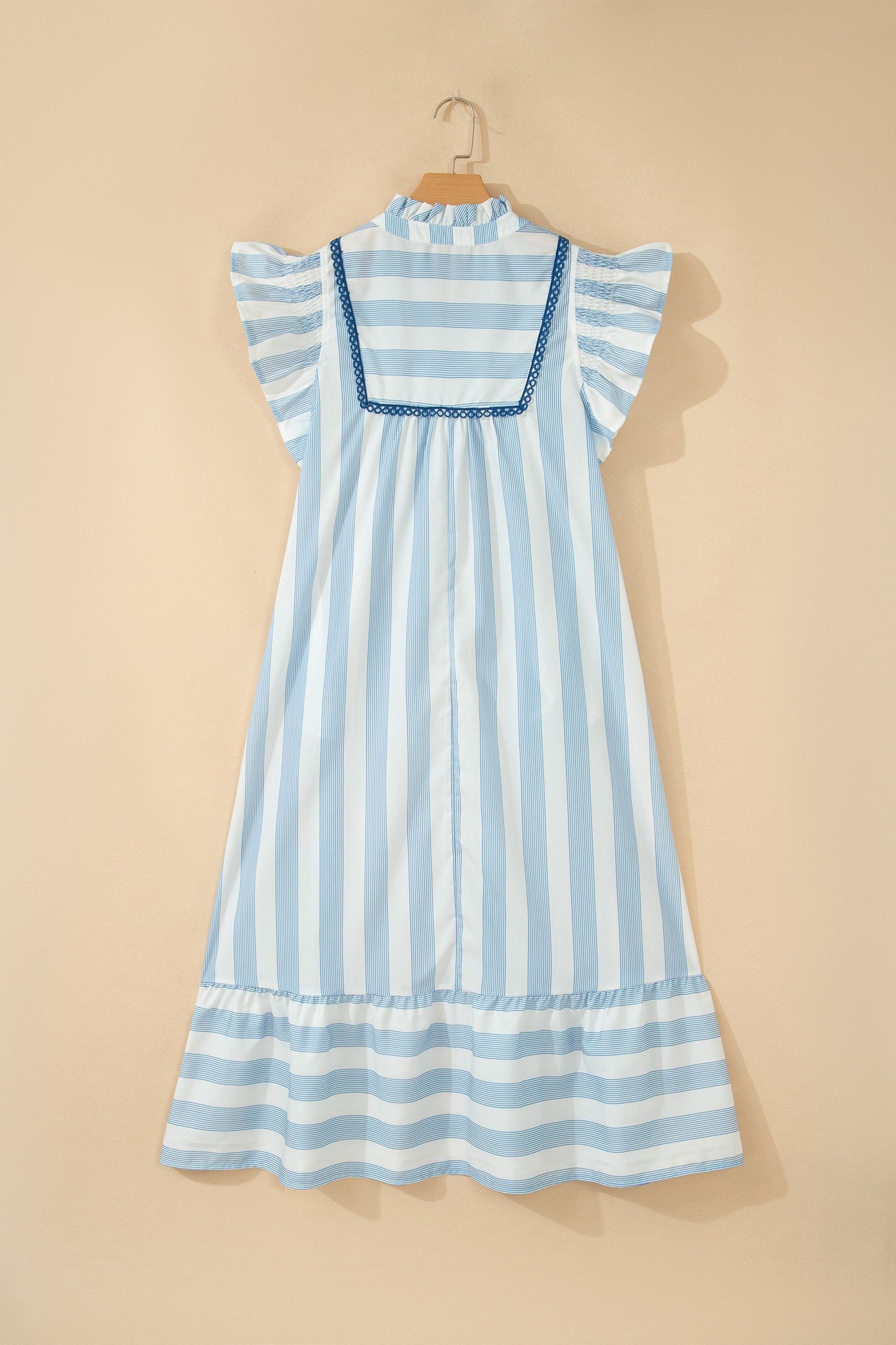 Blue Striped V-Neck Ruffle Sleeve Midi Dress
