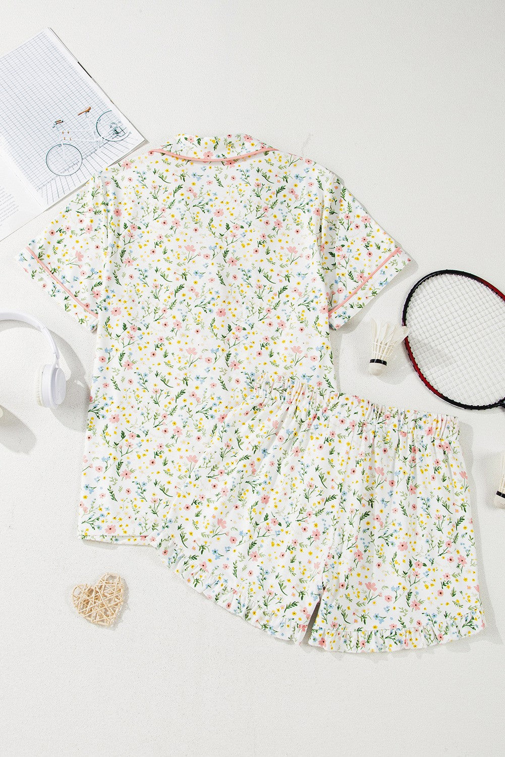 White Floral Button Up Pajama Top + Shorts Set