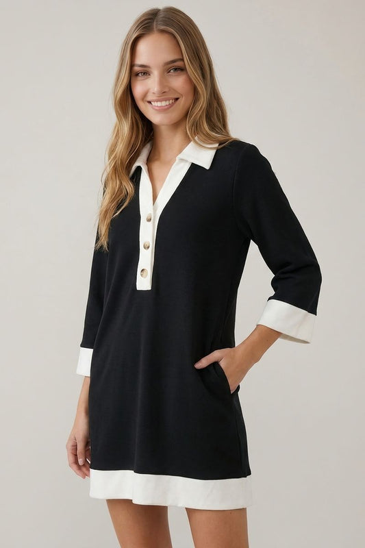 Black + White Collared, 3/4 Sleeve Midi Dress