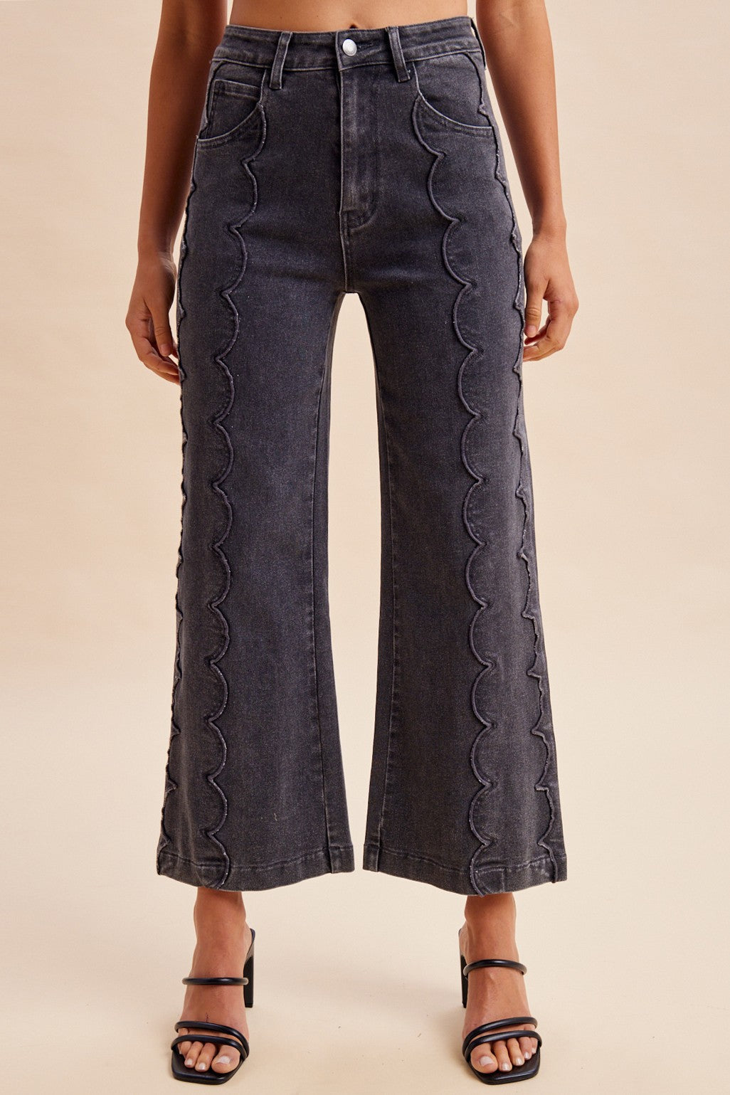 Stretch Scalloped Embroidered Wide Leg Jeans