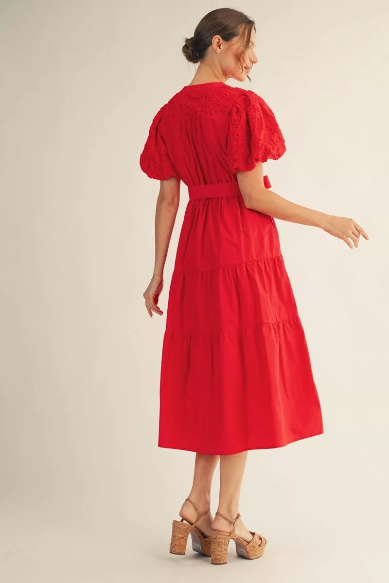 Red Short Puff Sleeve Maxi Dress w/ Eyelet Detail