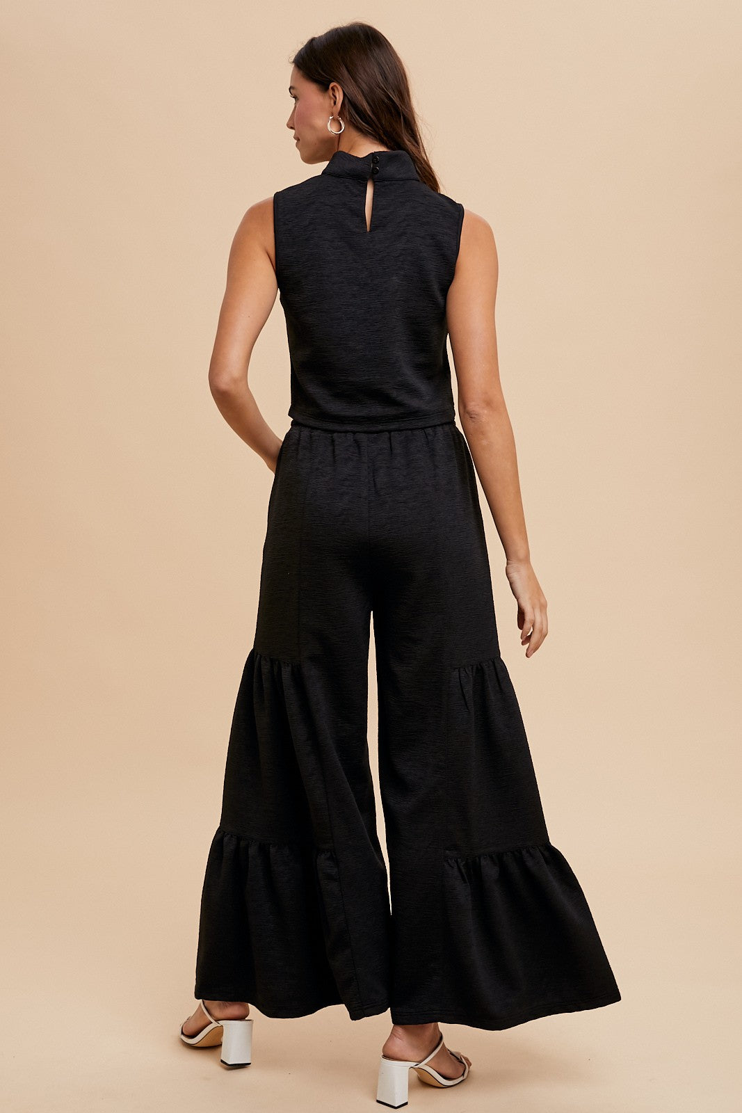 Black Textured Mock Neck Cropped Top and Pants Set