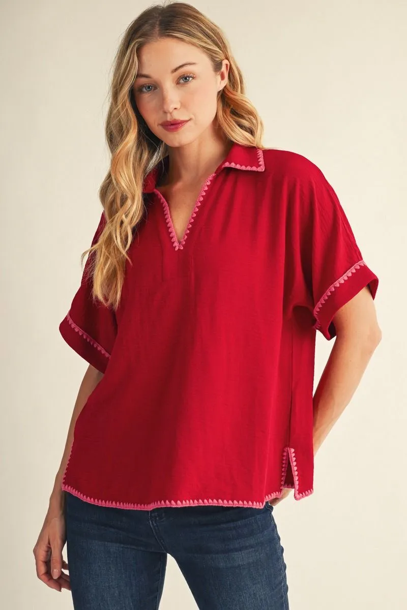 Burgundy Contrast Stitch Collared Blouse
