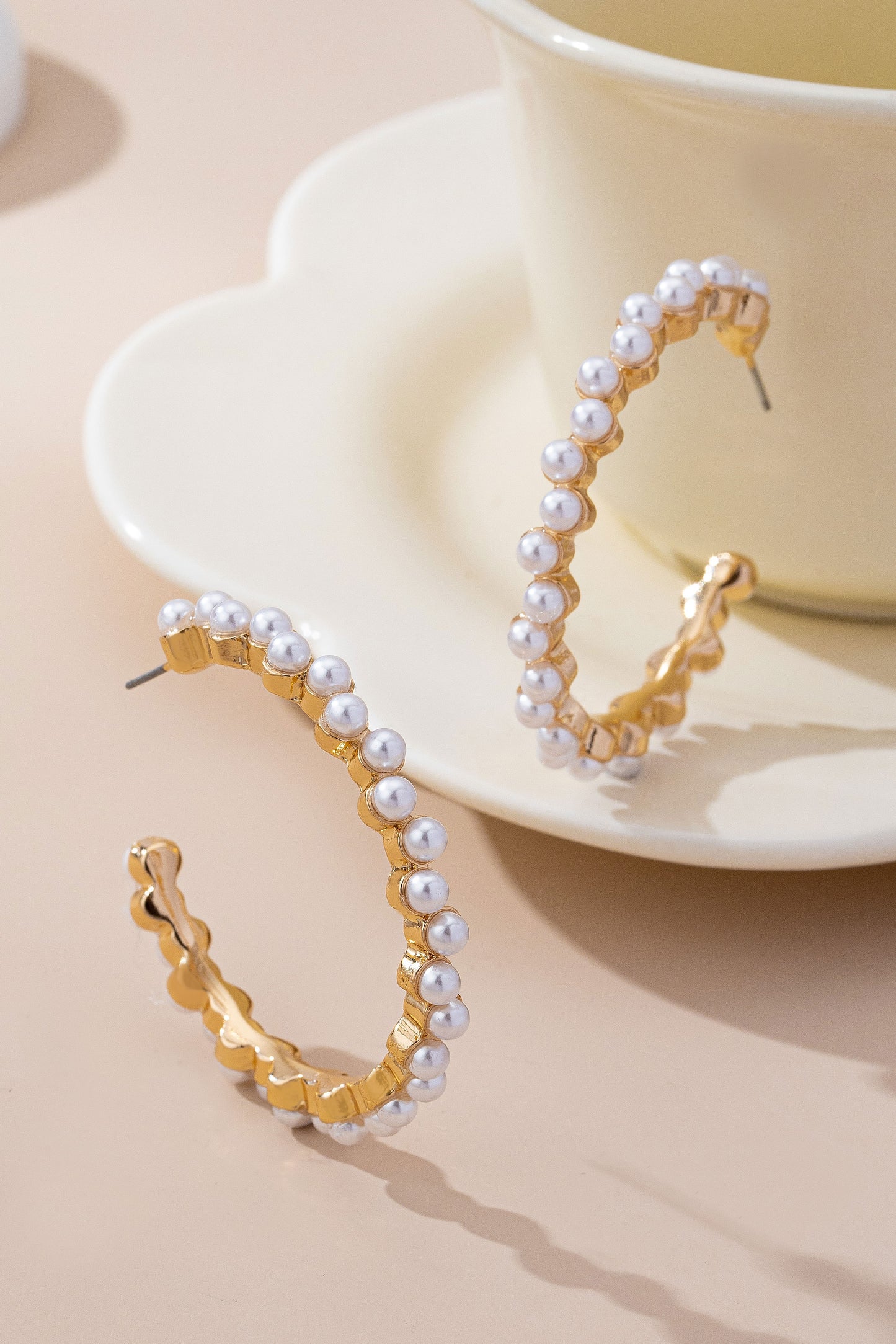 Gold Pearl Embellished Classic Hoops