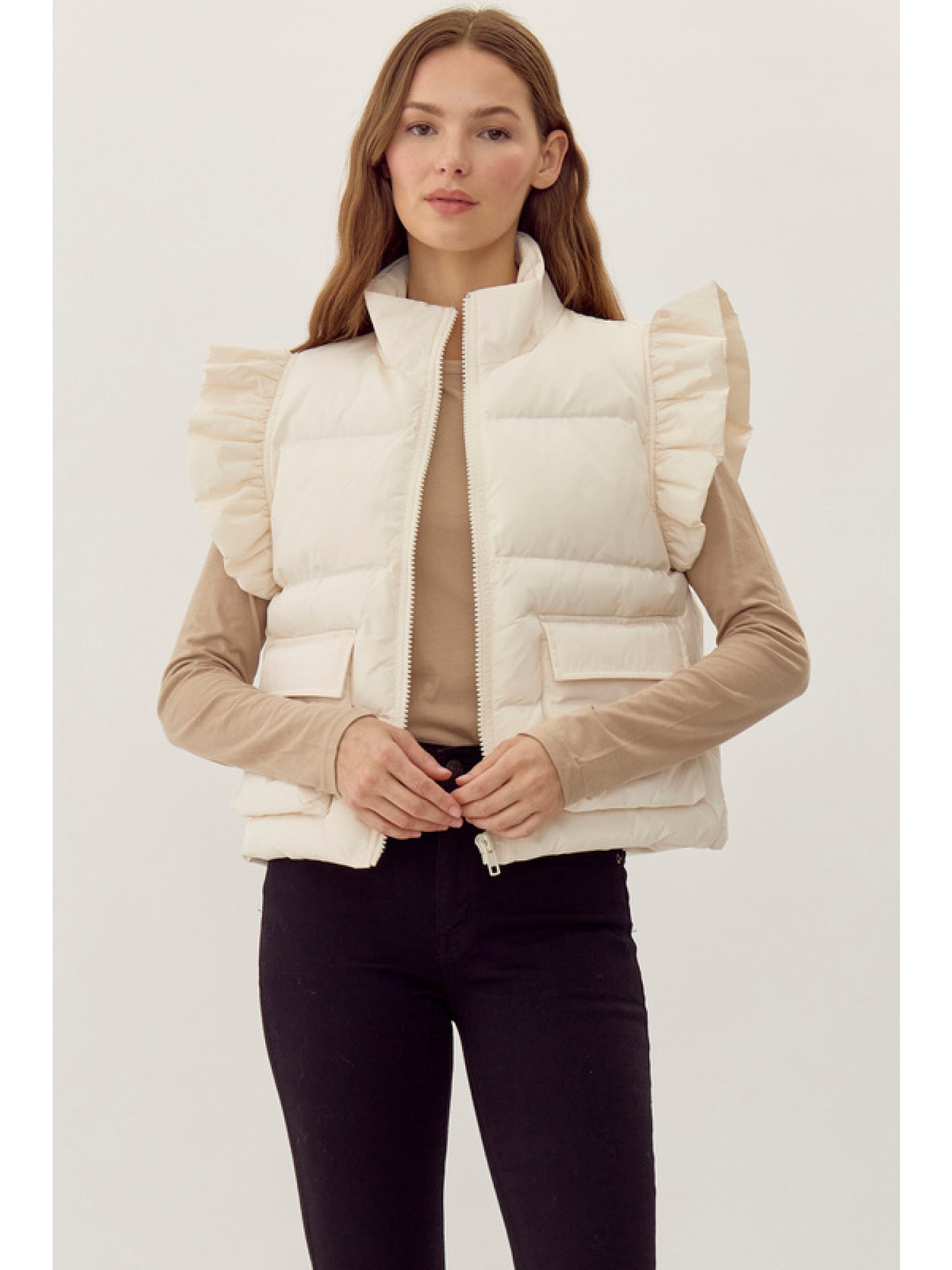 Ruffle Sleeve Front Pocket Puffer Vest