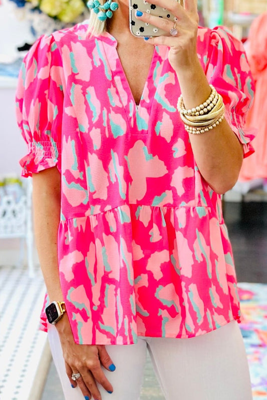 Rose Abstract Print Puff Sleeve Blouse