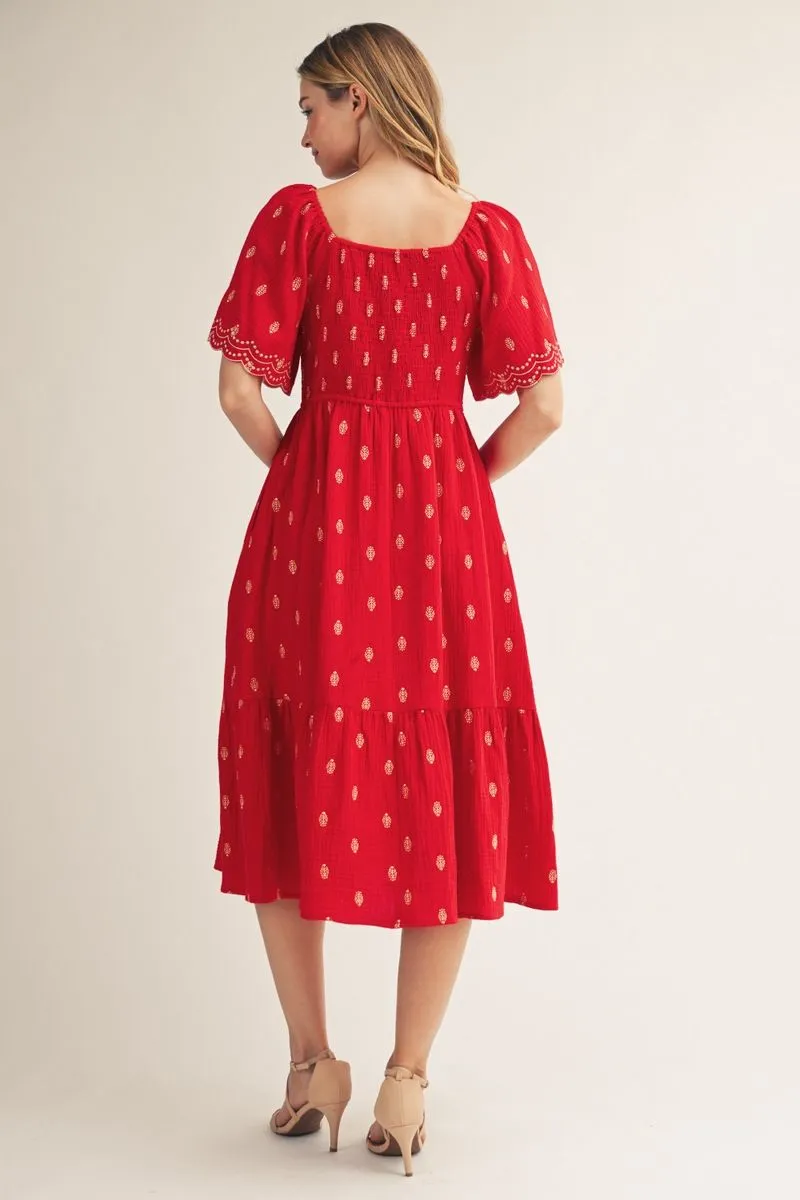 Red Smocked Bodice, Embroidered Midi Dress