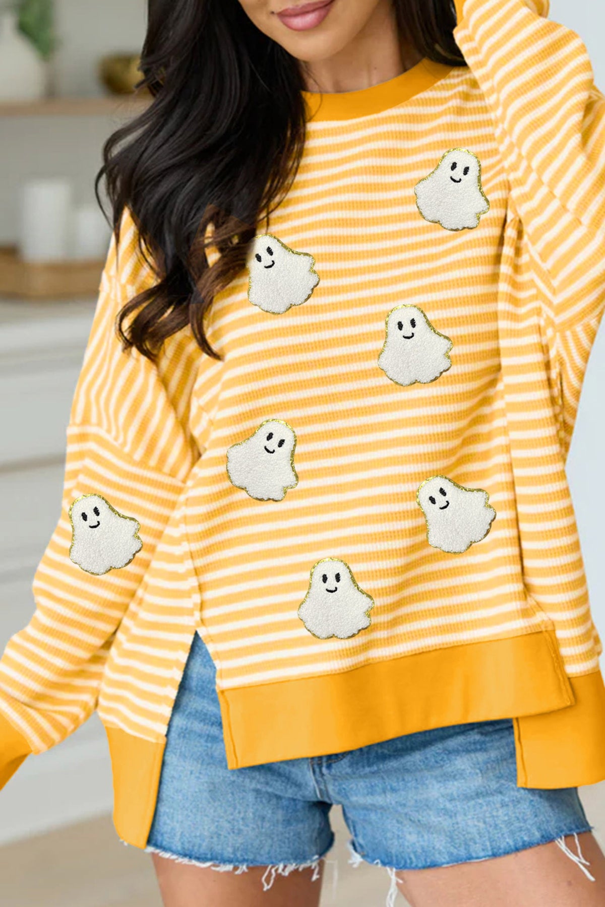 Yellow Striped Ghost Patch Printed Long Sleeve Top