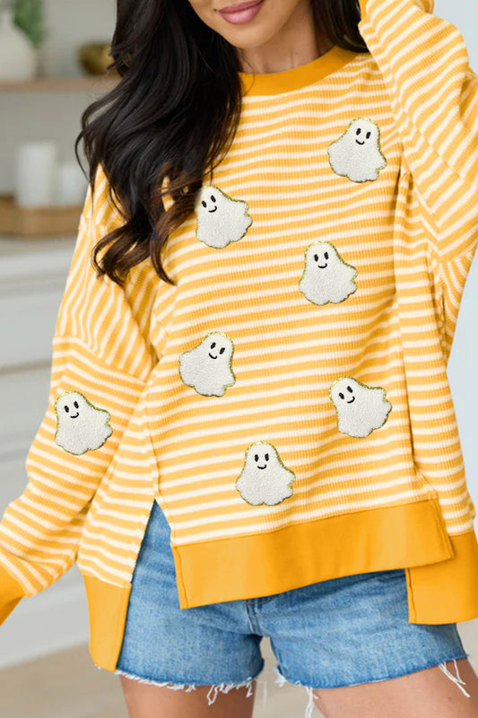 Yellow Striped Ghost Patch Printed Long Sleeve Top