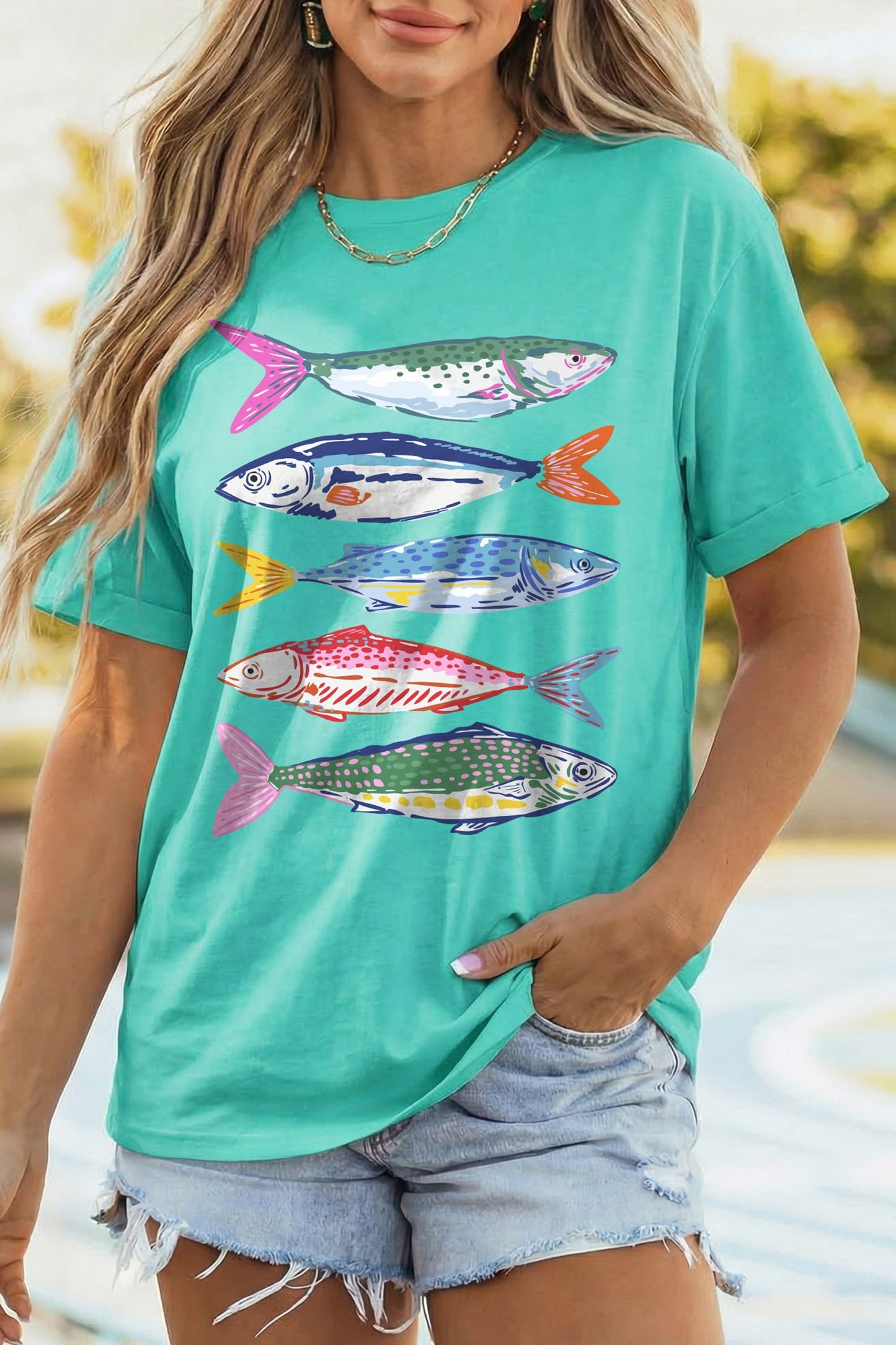 Green Vibrant Fish Print T-Shirt
