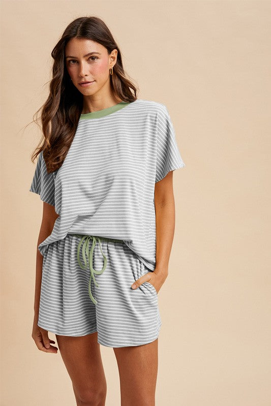 Heather Grey/Soft Olive Stripe Knit Top & Shorts Set