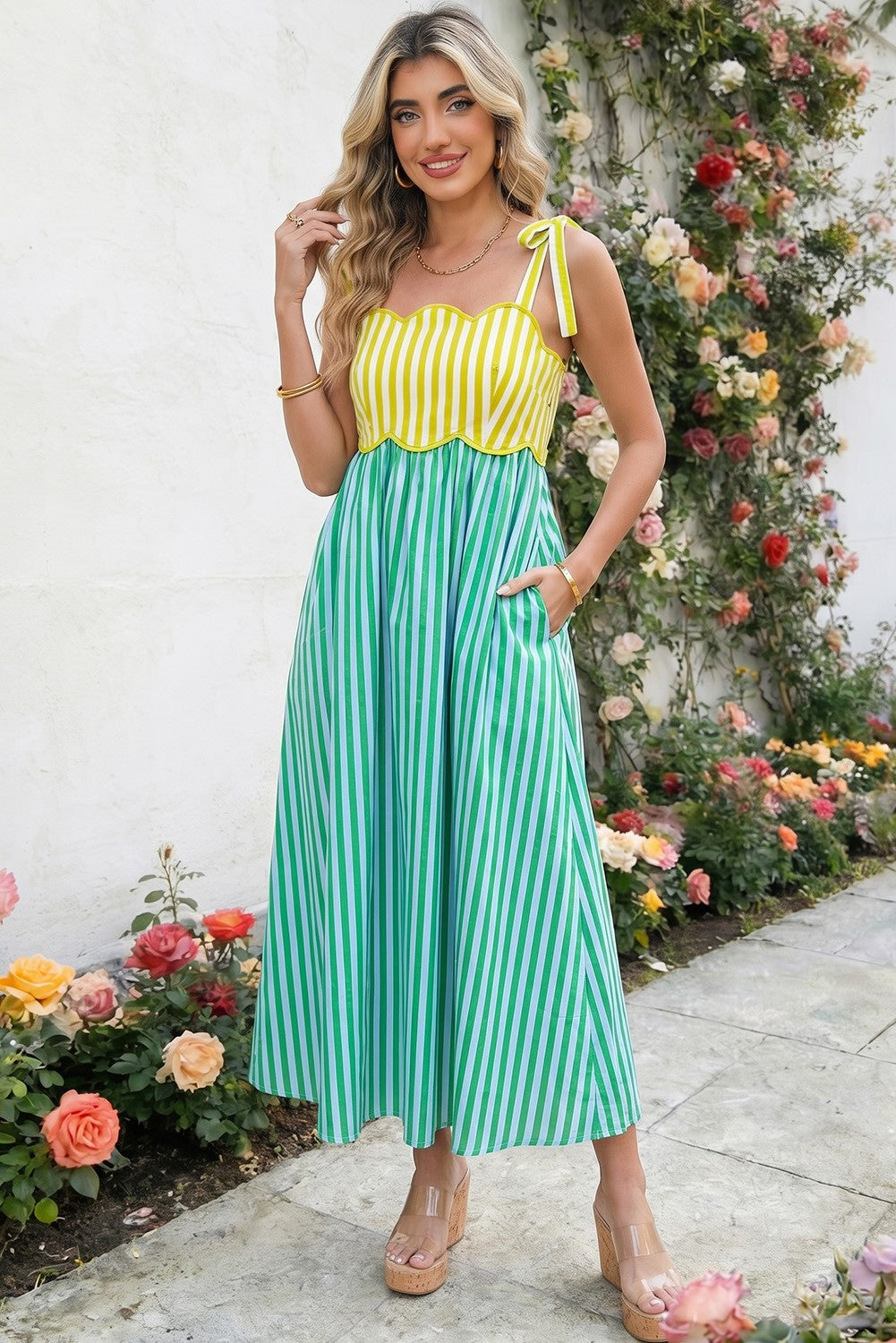 Green Kiwi Striped Sleeveless Midi Dress