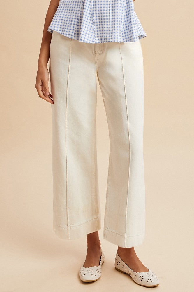 White Denim Stretch High Rise Pin Tuck Wide Leg Jeans
