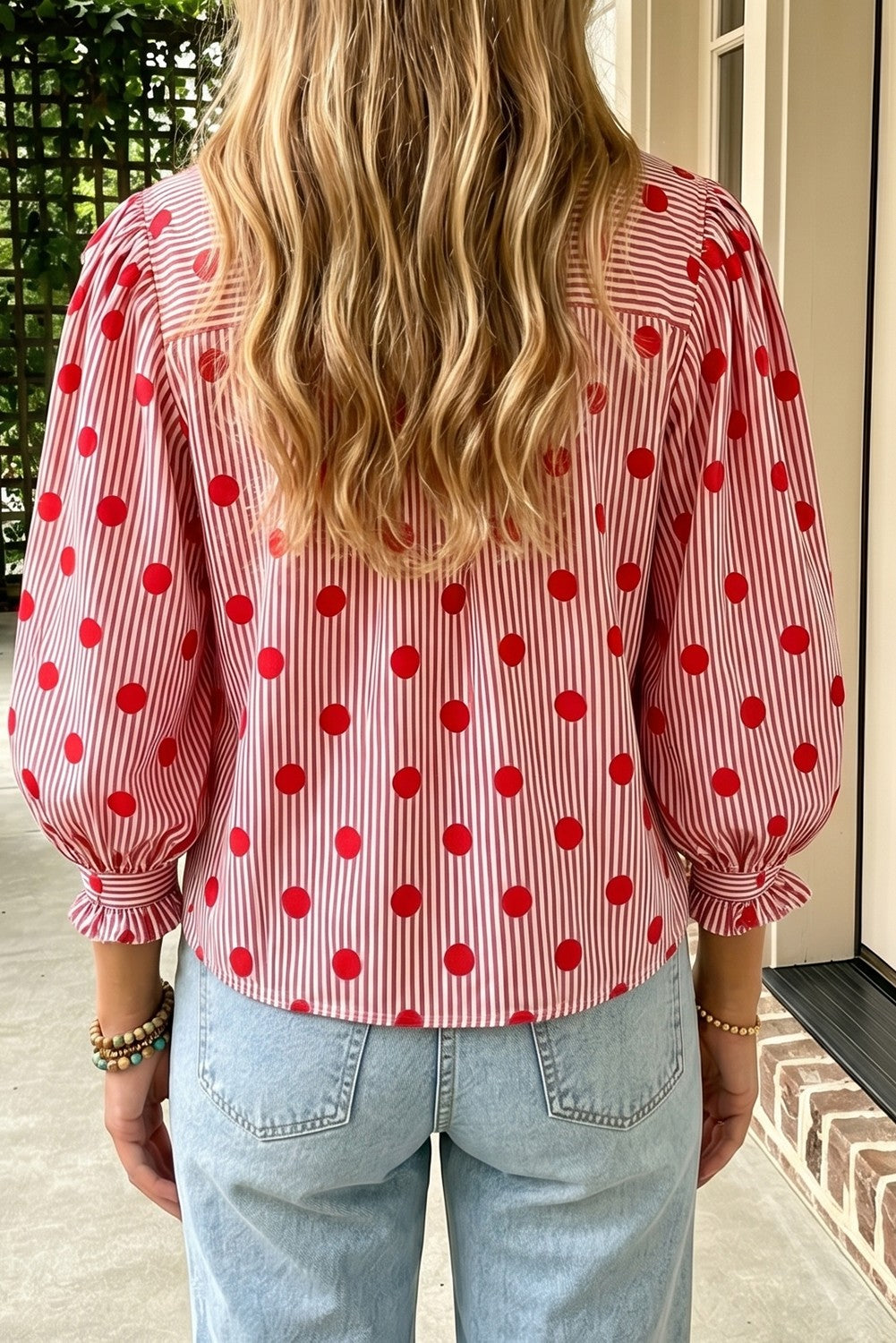 Red Striped & Polka Dot Ruffle Neck, 3/4 Sleeve Blouse