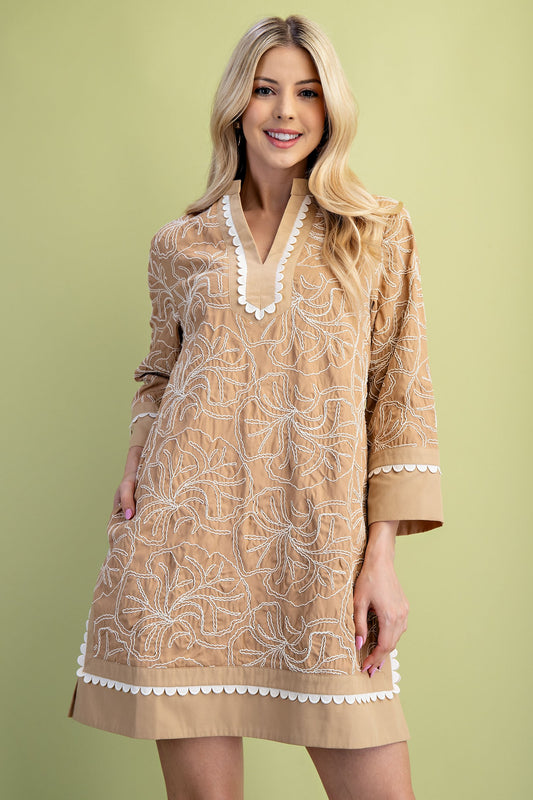 Tan Floral Embroidered 3/4 Sleeve Mini Dress