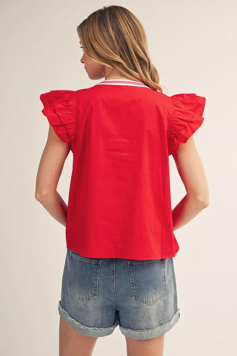 Red Embroidered Flutter Sleeve Blouse