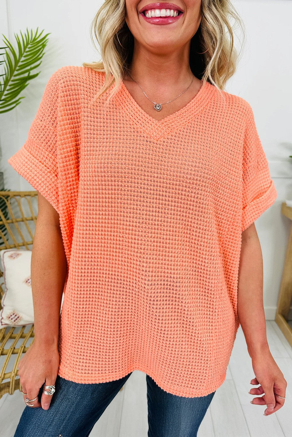 Orange Waffle Knit V-Neck Tee