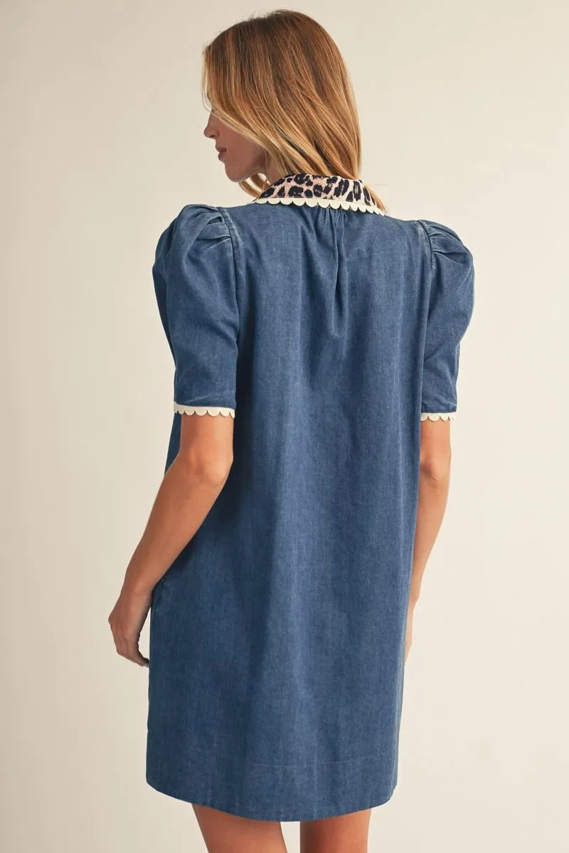 Denim Short Sleeve Mini Dress w/ Leopard Print Detail